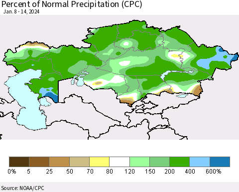 Kazakhstan Percent of Normal Precipitation (CPC) Thematic Map For 1/8/2024 - 1/14/2024