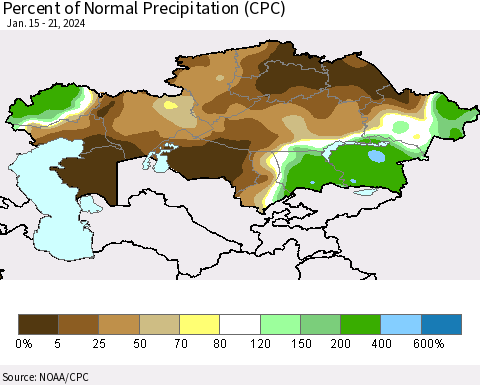 Kazakhstan Percent of Normal Precipitation (CPC) Thematic Map For 1/15/2024 - 1/21/2024
