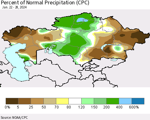 Kazakhstan Percent of Normal Precipitation (CPC) Thematic Map For 1/22/2024 - 1/28/2024
