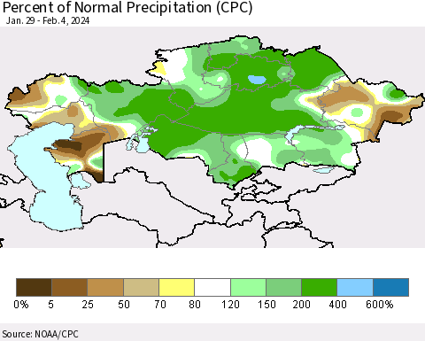 Kazakhstan Percent of Normal Precipitation (CPC) Thematic Map For 1/29/2024 - 2/4/2024