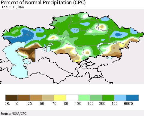 Kazakhstan Percent of Normal Precipitation (CPC) Thematic Map For 2/5/2024 - 2/11/2024
