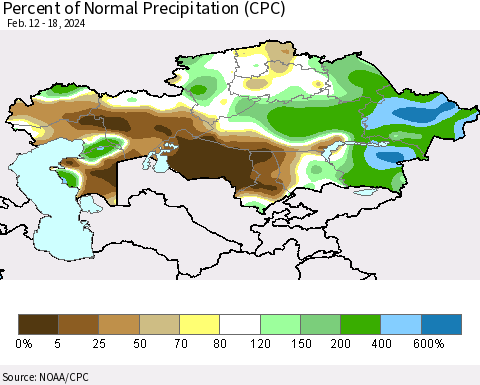 Kazakhstan Percent of Normal Precipitation (CPC) Thematic Map For 2/12/2024 - 2/18/2024