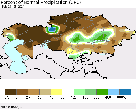 Kazakhstan Percent of Normal Precipitation (CPC) Thematic Map For 2/19/2024 - 2/25/2024