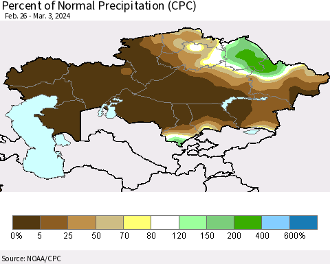 Kazakhstan Percent of Normal Precipitation (CPC) Thematic Map For 2/26/2024 - 3/3/2024
