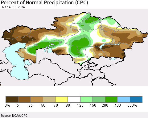 Kazakhstan Percent of Normal Precipitation (CPC) Thematic Map For 3/4/2024 - 3/10/2024