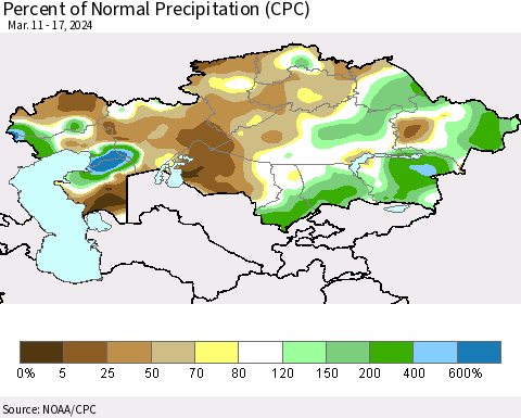 Kazakhstan Percent of Normal Precipitation (CPC) Thematic Map For 3/11/2024 - 3/17/2024