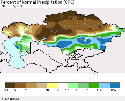 Kazakhstan Percent of Normal Precipitation (CPC) Thematic Map For 3/18/2024 - 3/24/2024