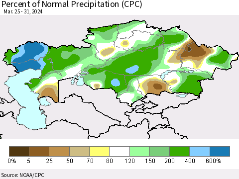 Kazakhstan Percent of Normal Precipitation (CPC) Thematic Map For 3/25/2024 - 3/31/2024