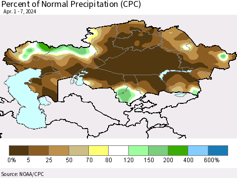 Kazakhstan Percent of Normal Precipitation (CPC) Thematic Map For 4/1/2024 - 4/7/2024
