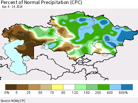 Kazakhstan Percent of Normal Precipitation (CPC) Thematic Map For 4/8/2024 - 4/14/2024