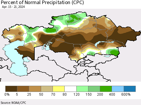 Kazakhstan Percent of Normal Precipitation (CPC) Thematic Map For 4/15/2024 - 4/21/2024