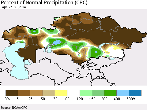 Kazakhstan Percent of Normal Precipitation (CPC) Thematic Map For 4/22/2024 - 4/28/2024