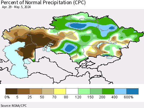 Kazakhstan Percent of Normal Precipitation (CPC) Thematic Map For 4/29/2024 - 5/5/2024