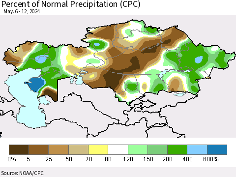 Kazakhstan Percent of Normal Precipitation (CPC) Thematic Map For 5/6/2024 - 5/12/2024