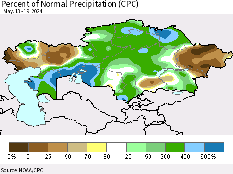 Kazakhstan Percent of Normal Precipitation (CPC) Thematic Map For 5/13/2024 - 5/19/2024