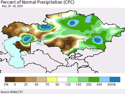 Kazakhstan Percent of Normal Precipitation (CPC) Thematic Map For 5/20/2024 - 5/26/2024