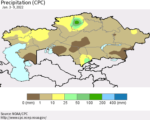 Kazakhstan Precipitation (CPC) Thematic Map For 1/3/2022 - 1/9/2022