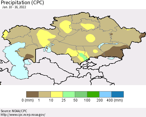 Kazakhstan Precipitation (CPC) Thematic Map For 1/10/2022 - 1/16/2022