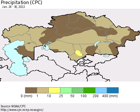 Kazakhstan Precipitation (CPC) Thematic Map For 1/24/2022 - 1/30/2022