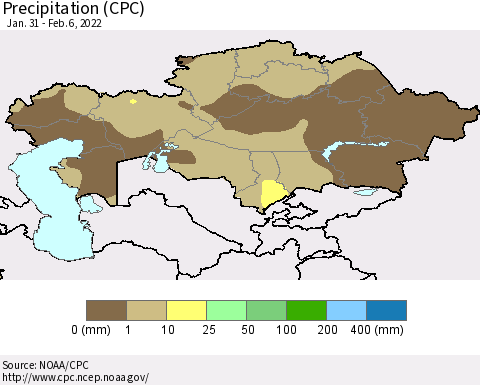 Kazakhstan Precipitation (CPC) Thematic Map For 1/31/2022 - 2/6/2022