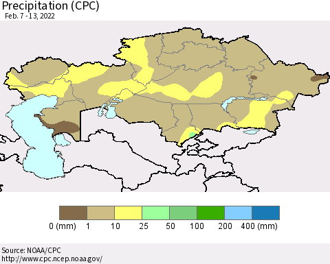 Kazakhstan Precipitation (CPC) Thematic Map For 2/7/2022 - 2/13/2022