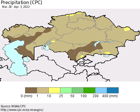 Kazakhstan Precipitation (CPC) Thematic Map For 3/28/2022 - 4/3/2022