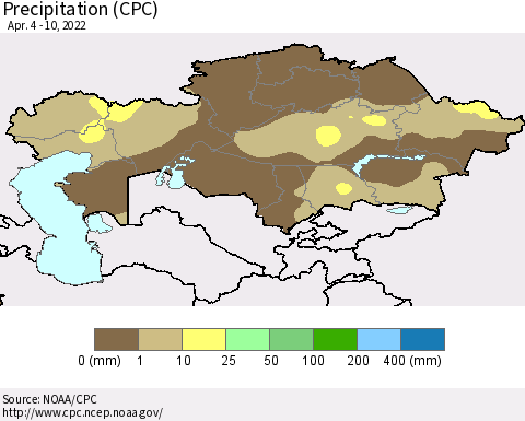 Kazakhstan Precipitation (CPC) Thematic Map For 4/4/2022 - 4/10/2022