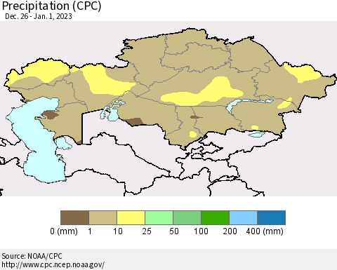 Kazakhstan Precipitation (CPC) Thematic Map For 12/26/2022 - 1/1/2023