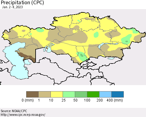 Kazakhstan Precipitation (CPC) Thematic Map For 1/2/2023 - 1/8/2023
