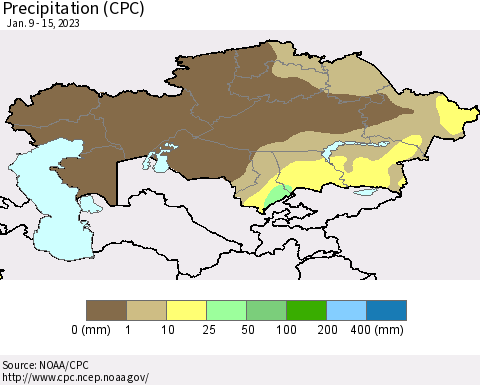Kazakhstan Precipitation (CPC) Thematic Map For 1/9/2023 - 1/15/2023