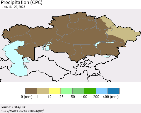 Kazakhstan Precipitation (CPC) Thematic Map For 1/16/2023 - 1/22/2023