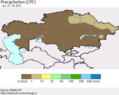 Kazakhstan Precipitation (CPC) Thematic Map For 1/23/2023 - 1/29/2023
