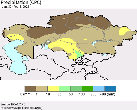 Kazakhstan Precipitation (CPC) Thematic Map For 1/30/2023 - 2/5/2023