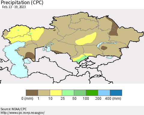 Kazakhstan Precipitation (CPC) Thematic Map For 2/13/2023 - 2/19/2023