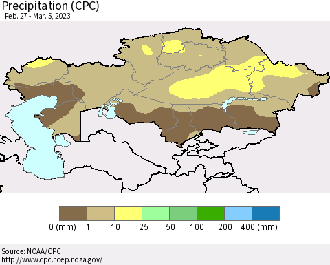 Kazakhstan Precipitation (CPC) Thematic Map For 2/27/2023 - 3/5/2023