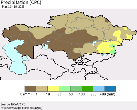 Kazakhstan Precipitation (CPC) Thematic Map For 3/13/2023 - 3/19/2023