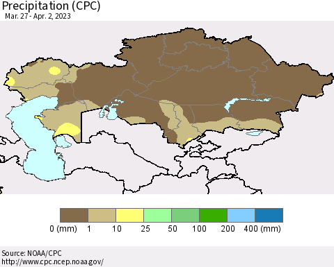 Kazakhstan Precipitation (CPC) Thematic Map For 3/27/2023 - 4/2/2023