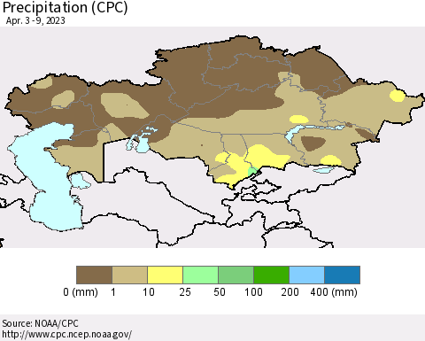 Kazakhstan Precipitation (CPC) Thematic Map For 4/3/2023 - 4/9/2023