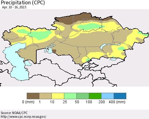 Kazakhstan Precipitation (CPC) Thematic Map For 4/10/2023 - 4/16/2023