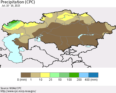 Kazakhstan Precipitation (CPC) Thematic Map For 7/10/2023 - 7/16/2023
