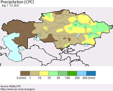 Kazakhstan Precipitation (CPC) Thematic Map For 8/7/2023 - 8/13/2023