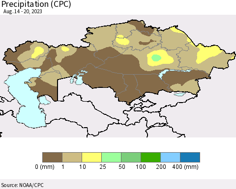 Kazakhstan Precipitation (CPC) Thematic Map For 8/14/2023 - 8/20/2023