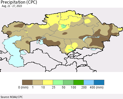 Kazakhstan Precipitation (CPC) Thematic Map For 8/21/2023 - 8/27/2023