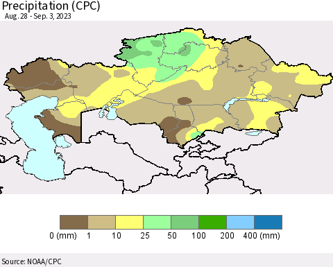 Kazakhstan Precipitation (CPC) Thematic Map For 8/28/2023 - 9/3/2023