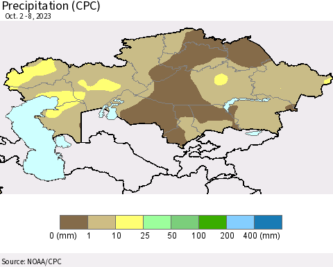 Kazakhstan Precipitation (CPC) Thematic Map For 10/2/2023 - 10/8/2023
