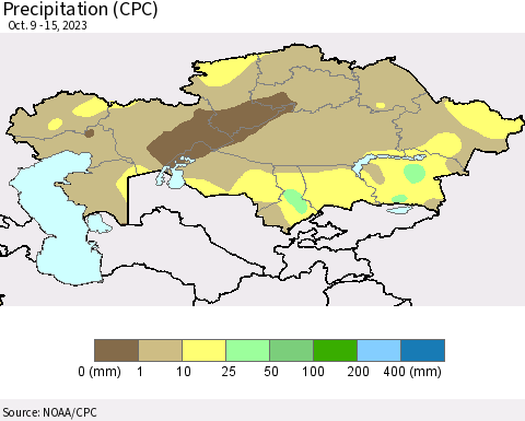 Kazakhstan Precipitation (CPC) Thematic Map For 10/9/2023 - 10/15/2023