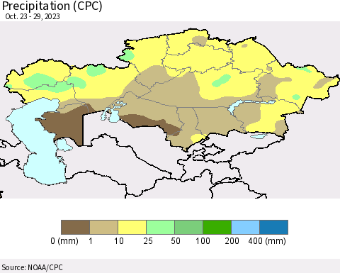 Kazakhstan Precipitation (CPC) Thematic Map For 10/23/2023 - 10/29/2023