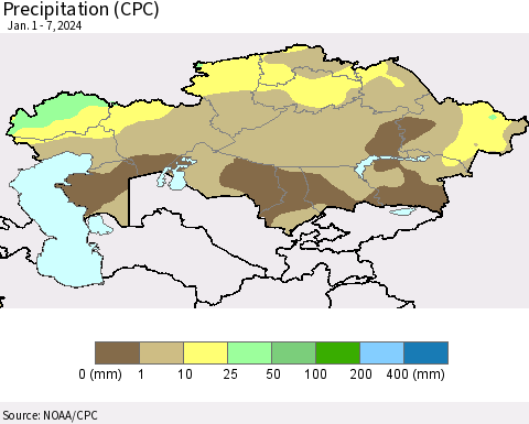 Kazakhstan Precipitation (CPC) Thematic Map For 1/1/2024 - 1/7/2024