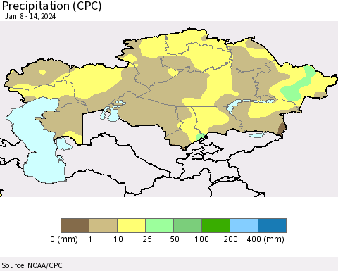 Kazakhstan Precipitation (CPC) Thematic Map For 1/8/2024 - 1/14/2024