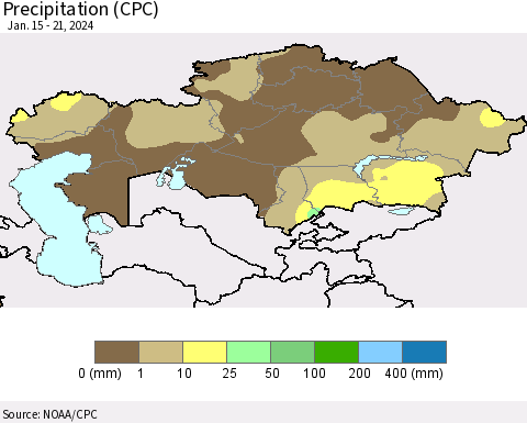 Kazakhstan Precipitation (CPC) Thematic Map For 1/15/2024 - 1/21/2024